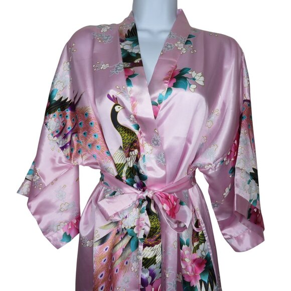 Peacock Print Satin Kimono Robe Belt Pink Floral Design Small Womens Lounge Wear - Picture 2 of 6